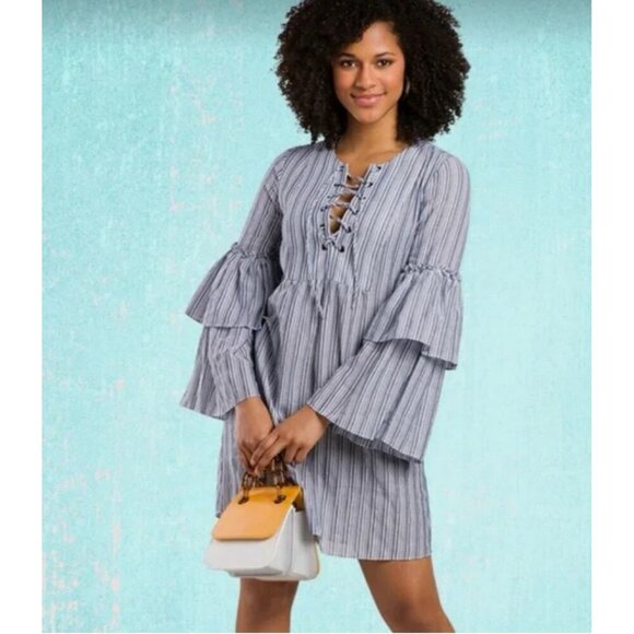 BCBG dress, small, Boho, Charlyze blue white stripes, Lace up Small - Picture 1 of 16